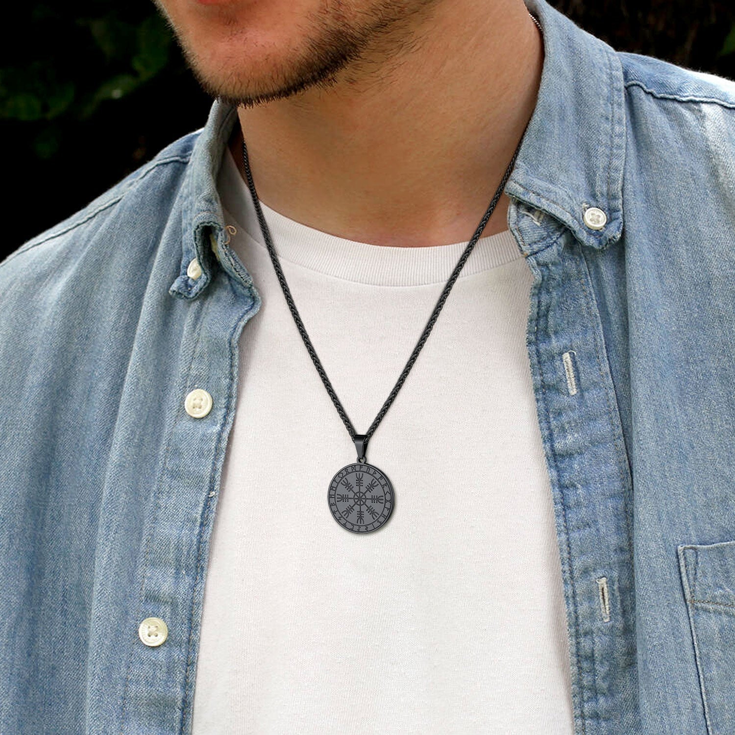 Viking Norse Runes Compass Necklace Amulet Pendant for Men