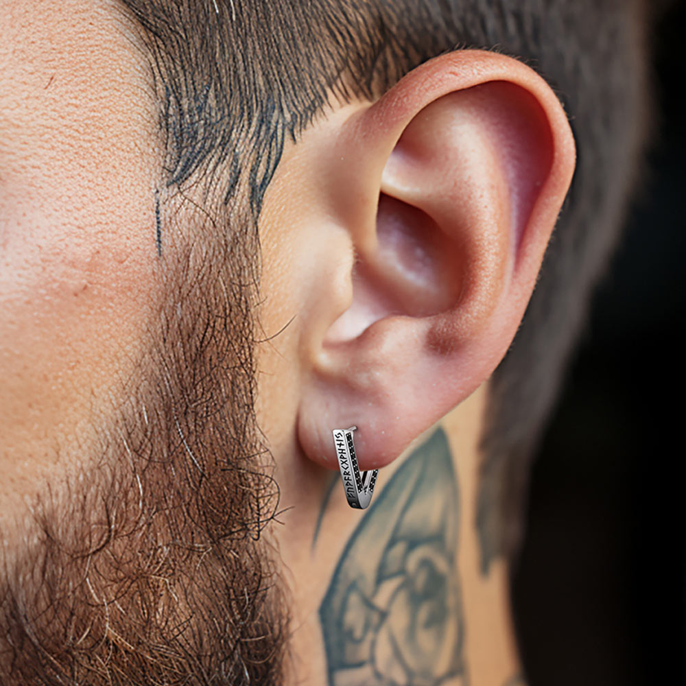 Sterling Silver Viking Triangle Huggie Hoop Earrings with Black Zirconia for Men