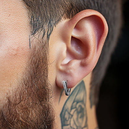 Sterling Silver Viking Triangle Huggie Hoop Earrings with Black Zirconia for Men