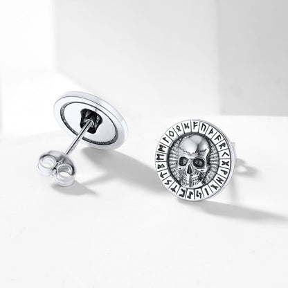 Sterling Silver Runes Skull Earrings Studs For Men