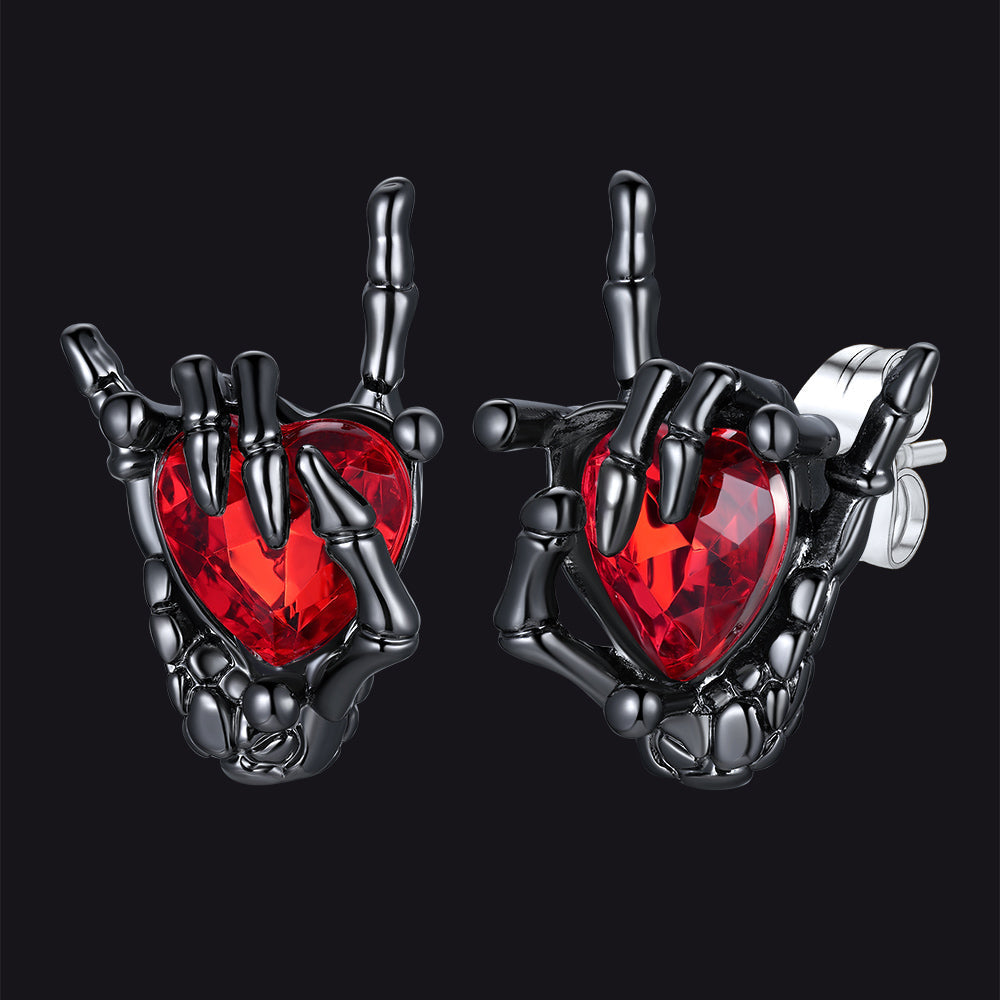 Black Skeleton Rock Hand Heart Ruby Stud Earrings for Men
