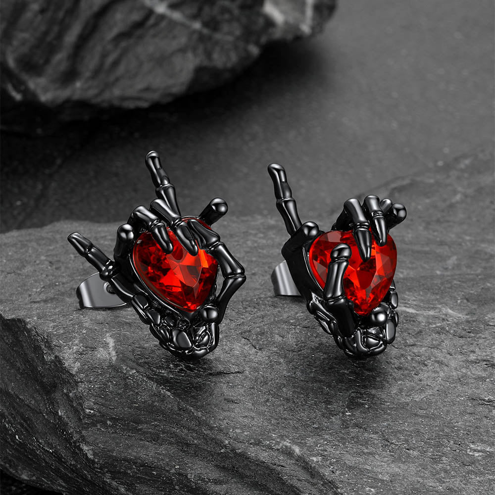 Black Skeleton Rock Hand Heart Ruby Stud Earrings for Men