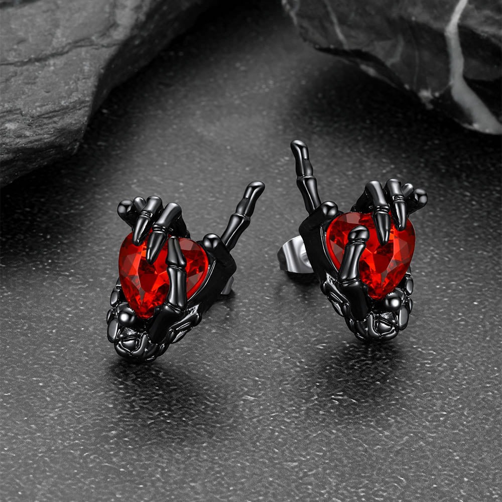 Black Skeleton Rock Hand Heart Ruby Stud Earrings for Men