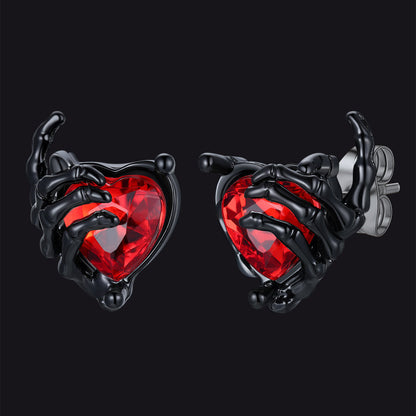 Gothic Black Ruby Heart Skull Hand Stud Earrings for Men