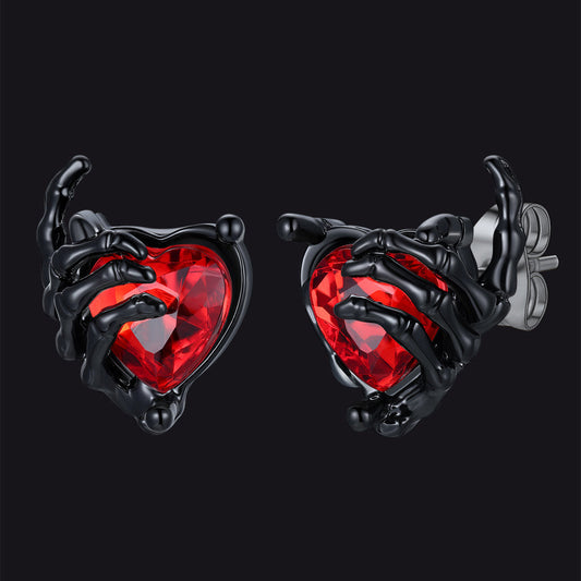Gothic Black Ruby Heart Skull Hand Stud Earrings for Men