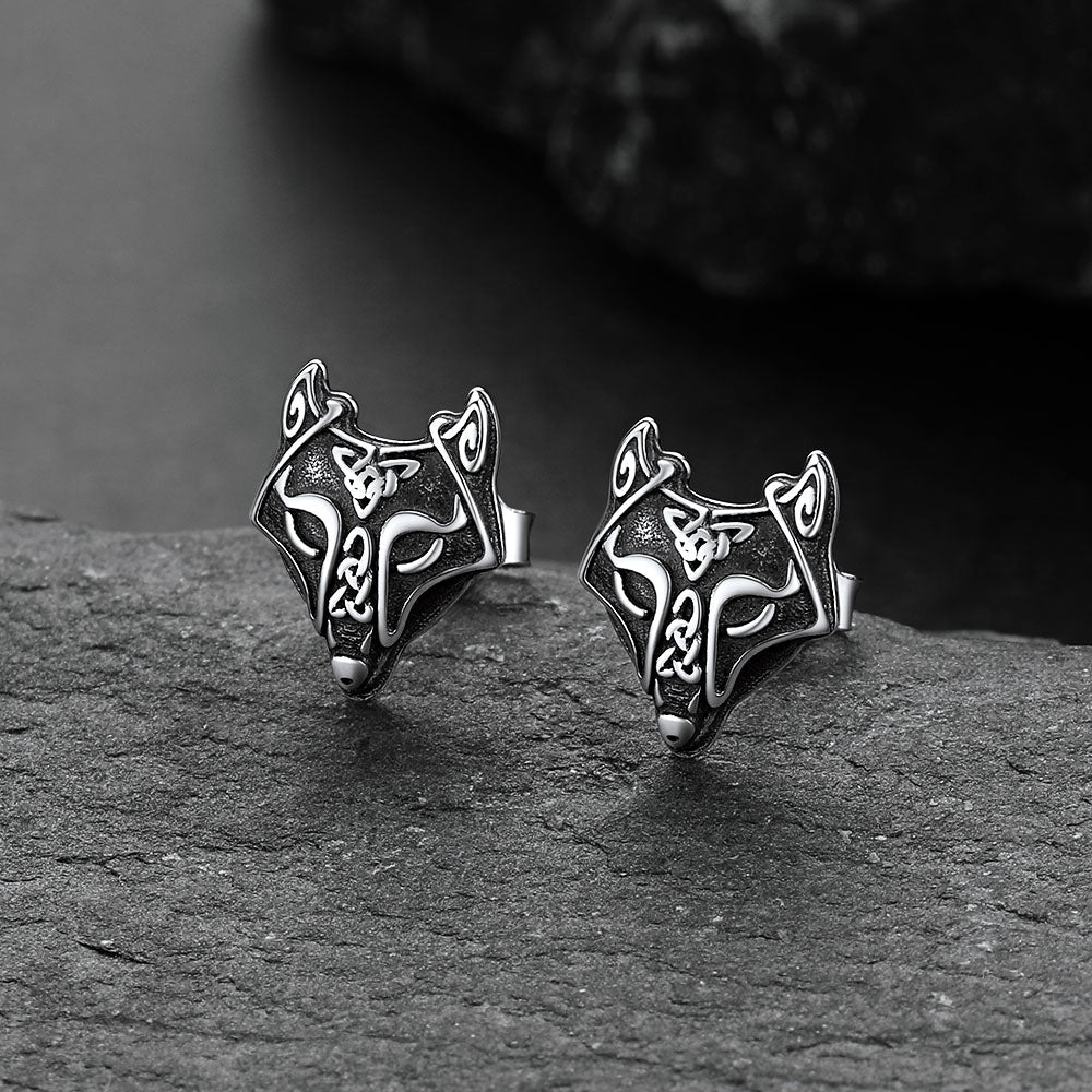 Sterling Silver Viking Celtic Wolf Stud Earrings For Men
