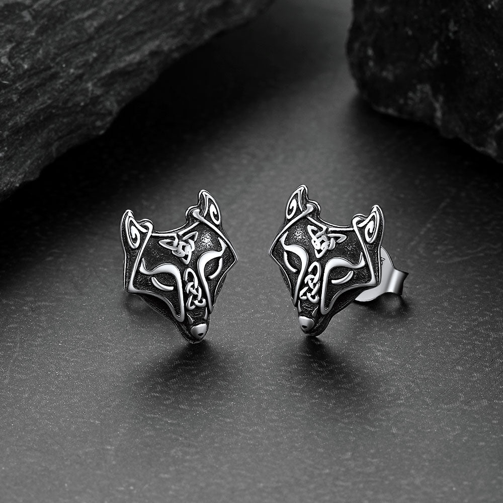 Sterling Silver Viking Celtic Wolf Stud Earrings For Men