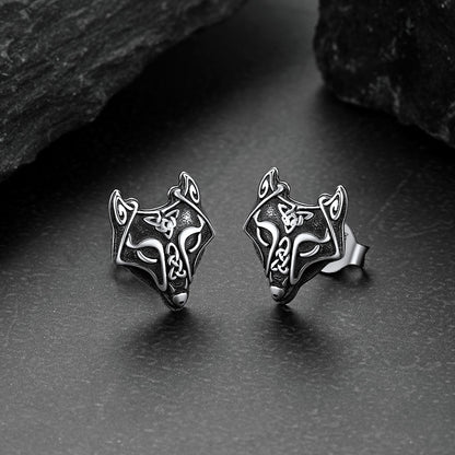 Sterling Silver Viking Celtic Wolf Stud Earrings For Men