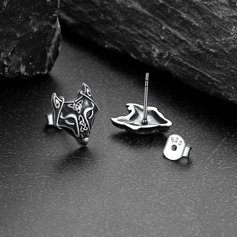 Sterling Silver Viking Celtic Wolf Stud Earrings For Men