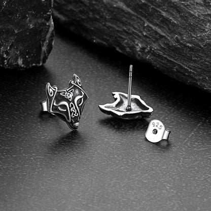 Sterling Silver Viking Celtic Wolf Stud Earrings For Men