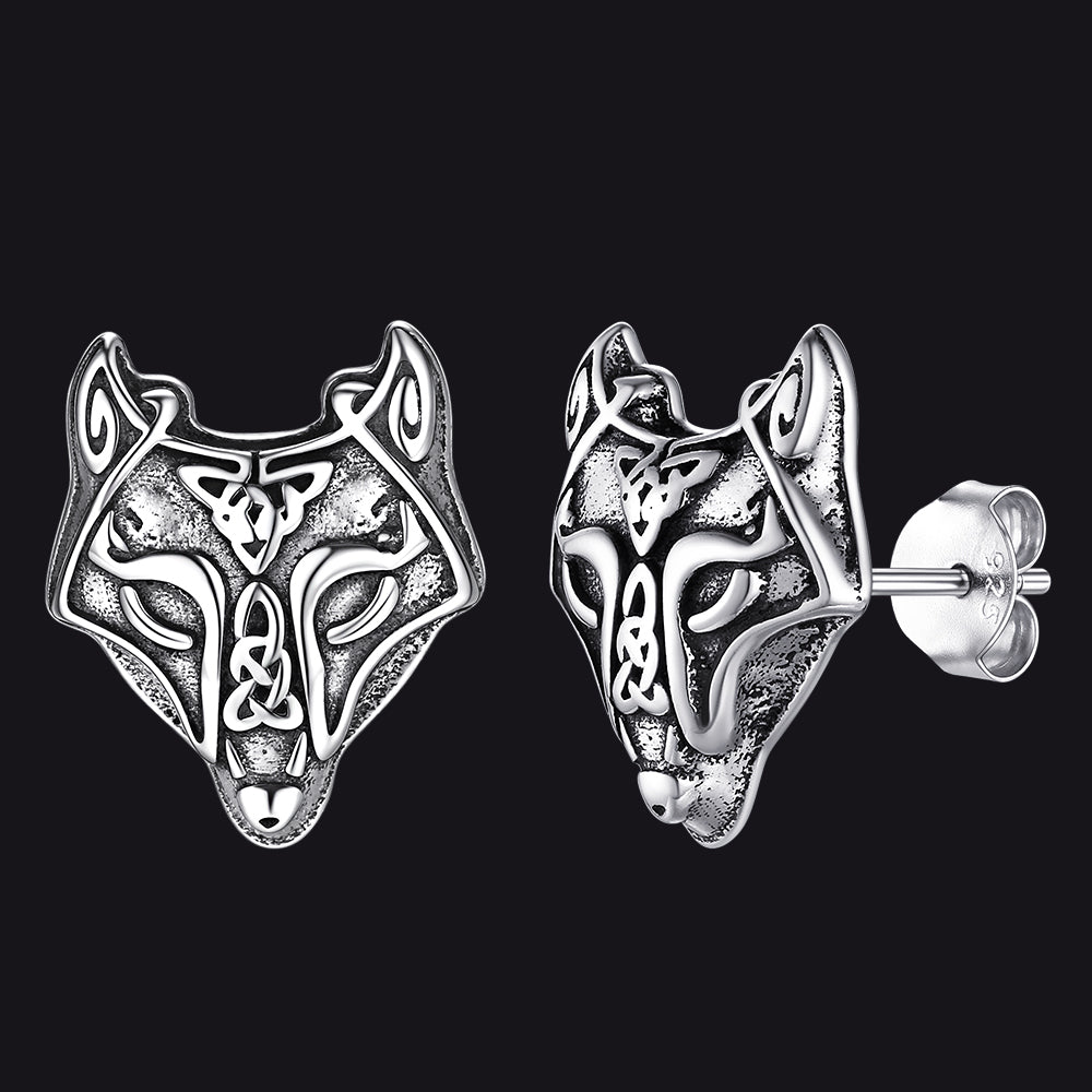 Sterling Silver Viking Celtic Wolf Stud Earrings For Men