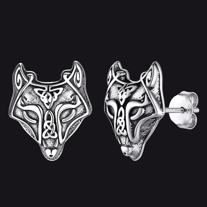 Sterling Silver Viking Celtic Wolf Stud Earrings For Men