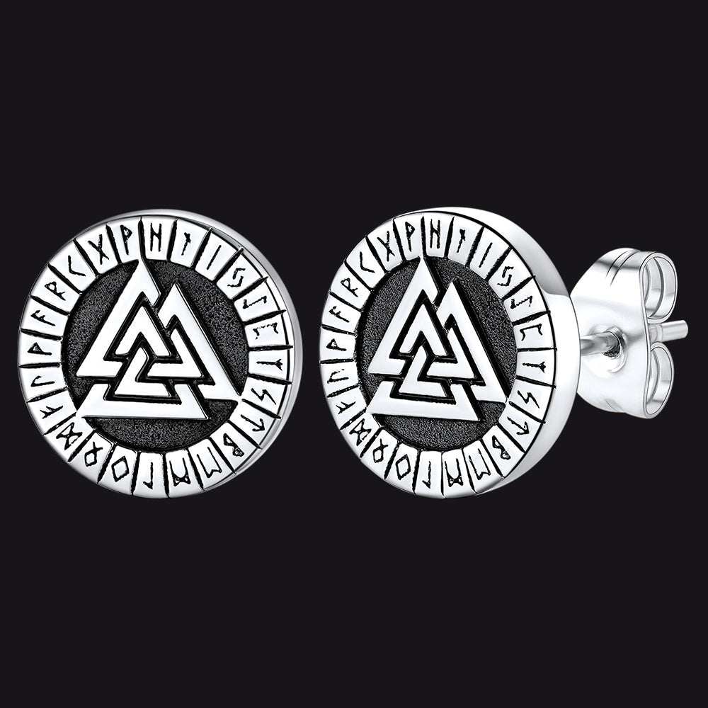 Viking Valknut Black Stud Earrings For Men With Runes
