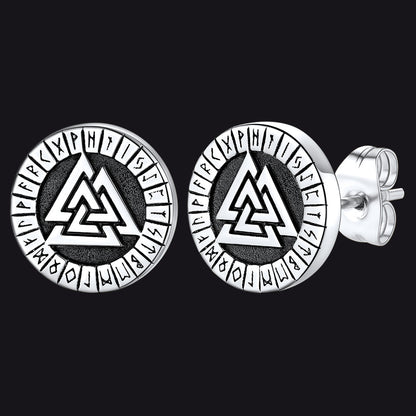 Viking Valknut Black Stud Earrings For Men With Runes