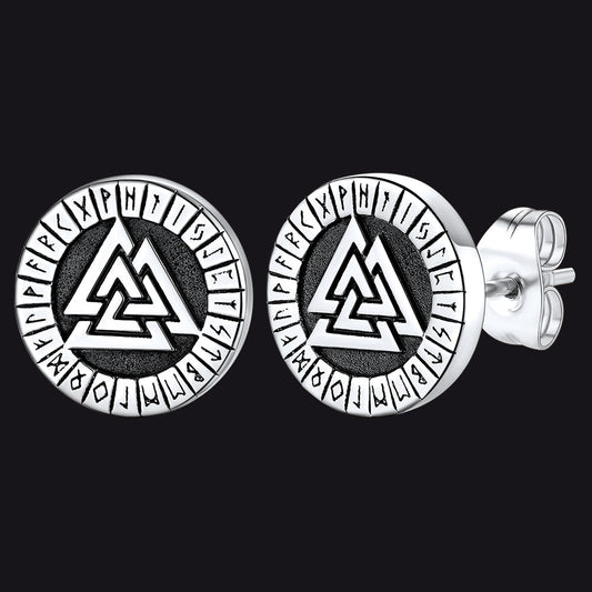 Viking Valknut Black Stud Earrings For Men With Runes