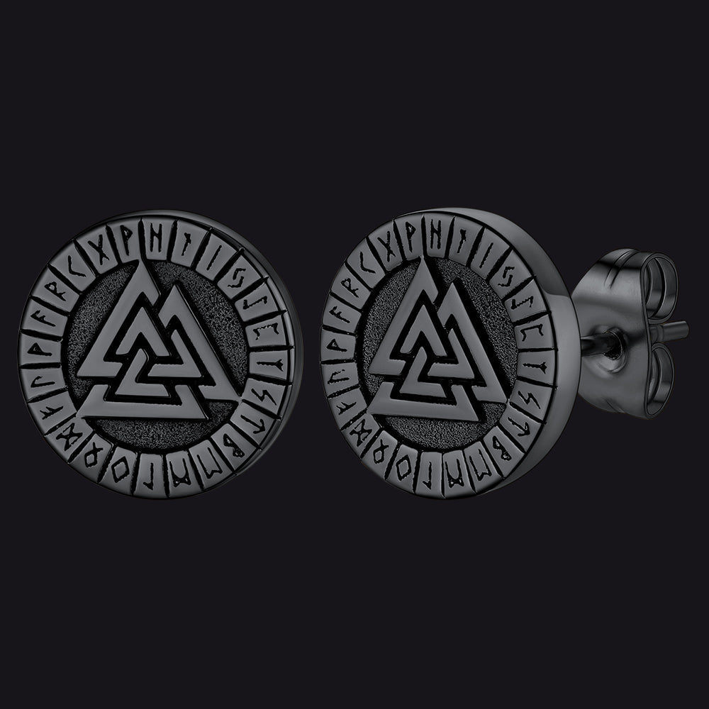 Viking Valknut Black Stud Earrings For Men With Runes