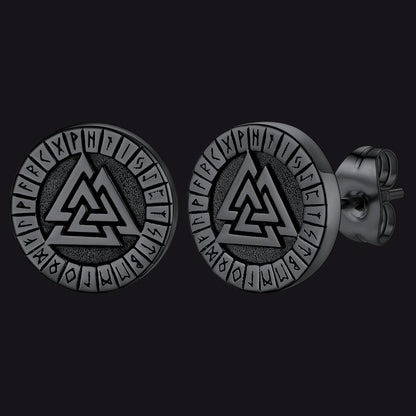 Viking Valknut Black Stud Earrings For Men With Runes