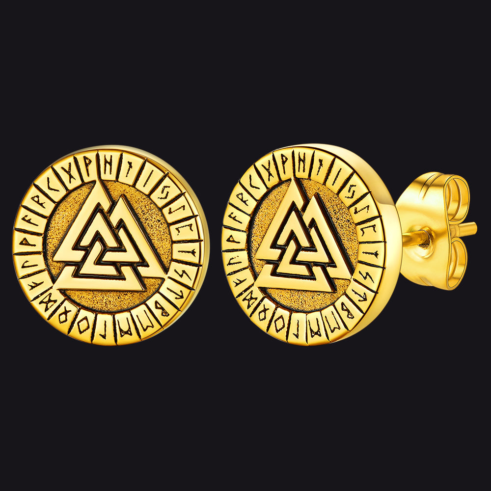 Viking Valknut Black Stud Earrings For Men With Runes