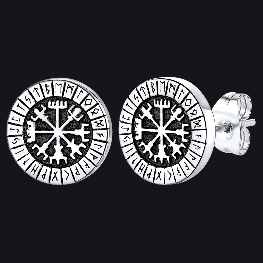 Norse Viking Compass Vegvisir Stud Earrings For Men