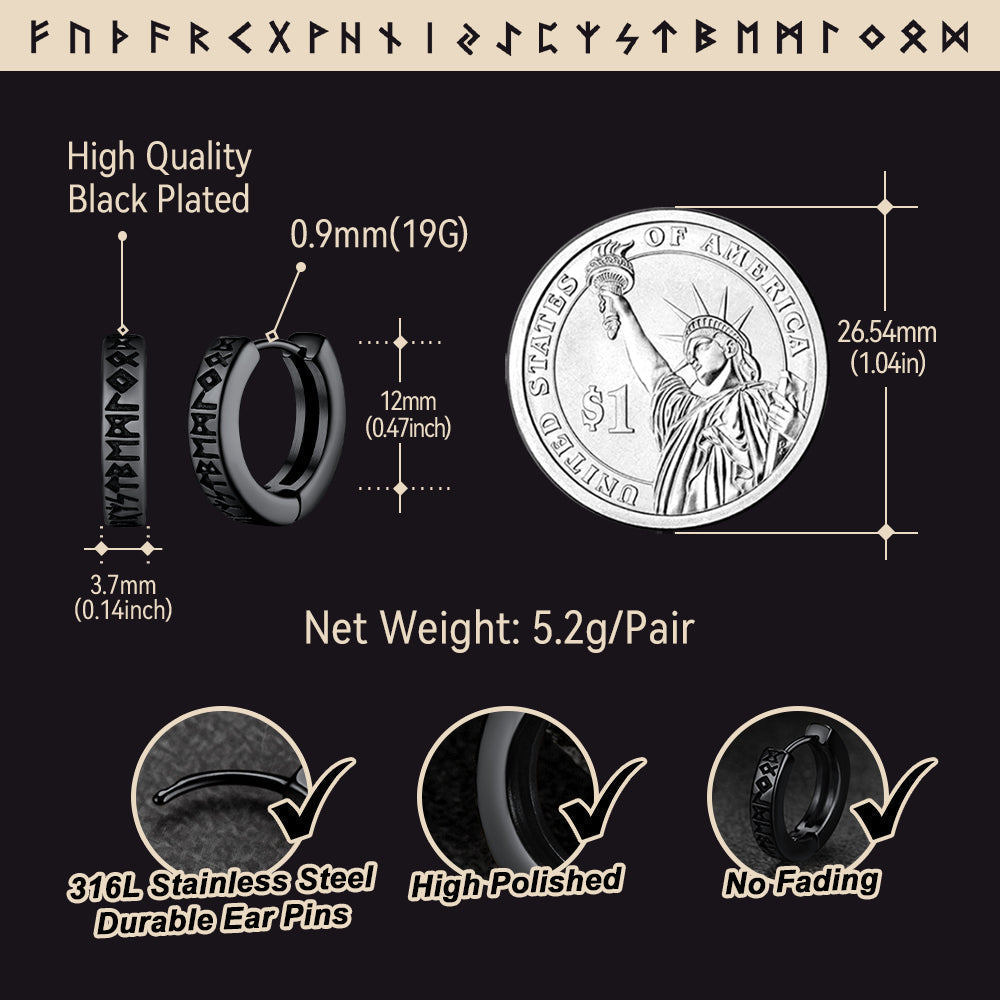 Norse Viking Runes Hoop Huggie Earrings For Men Women