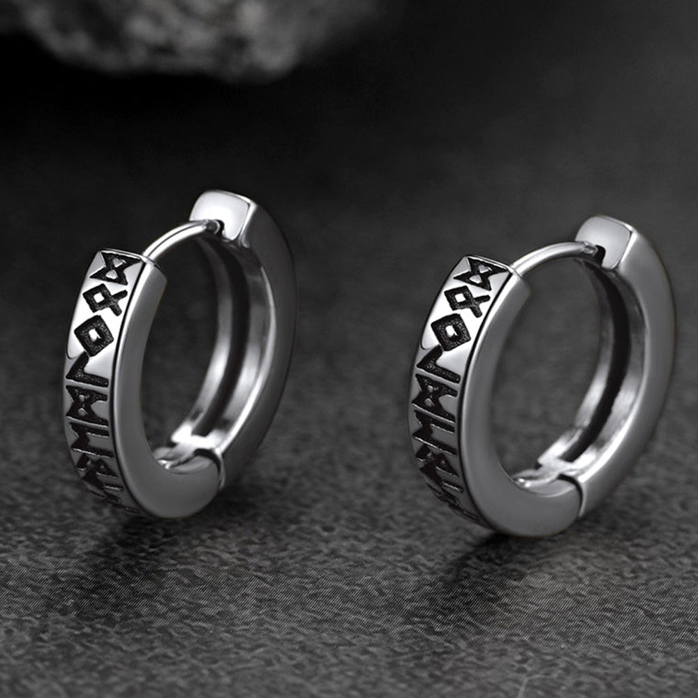 Norse Viking Rune Hoop Earrings & Wolf Medal Necklace Set For Men