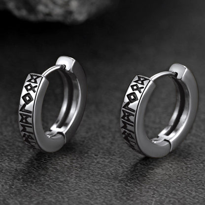 Norse Viking Rune Hoop Earrings & Circle Leather Necklace Set For Men