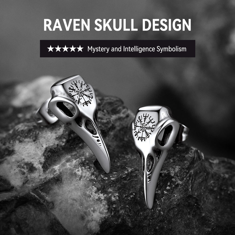 Viking Raven Skull Stud Earrings With Viking Vegvisir For Men Women