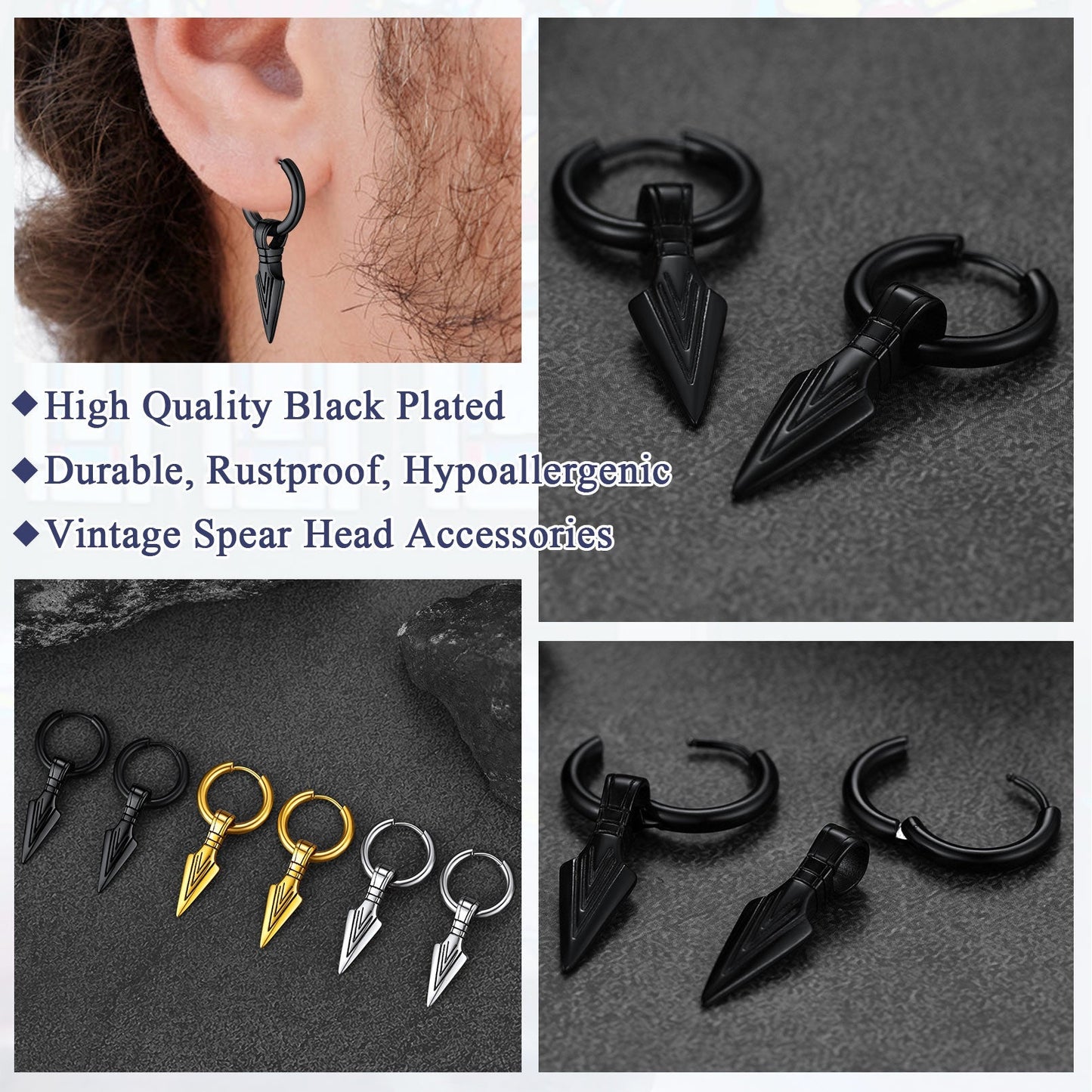 Viking Earrings for Men – Arrowhead Spear Gungnir Drop Hoop Earrings