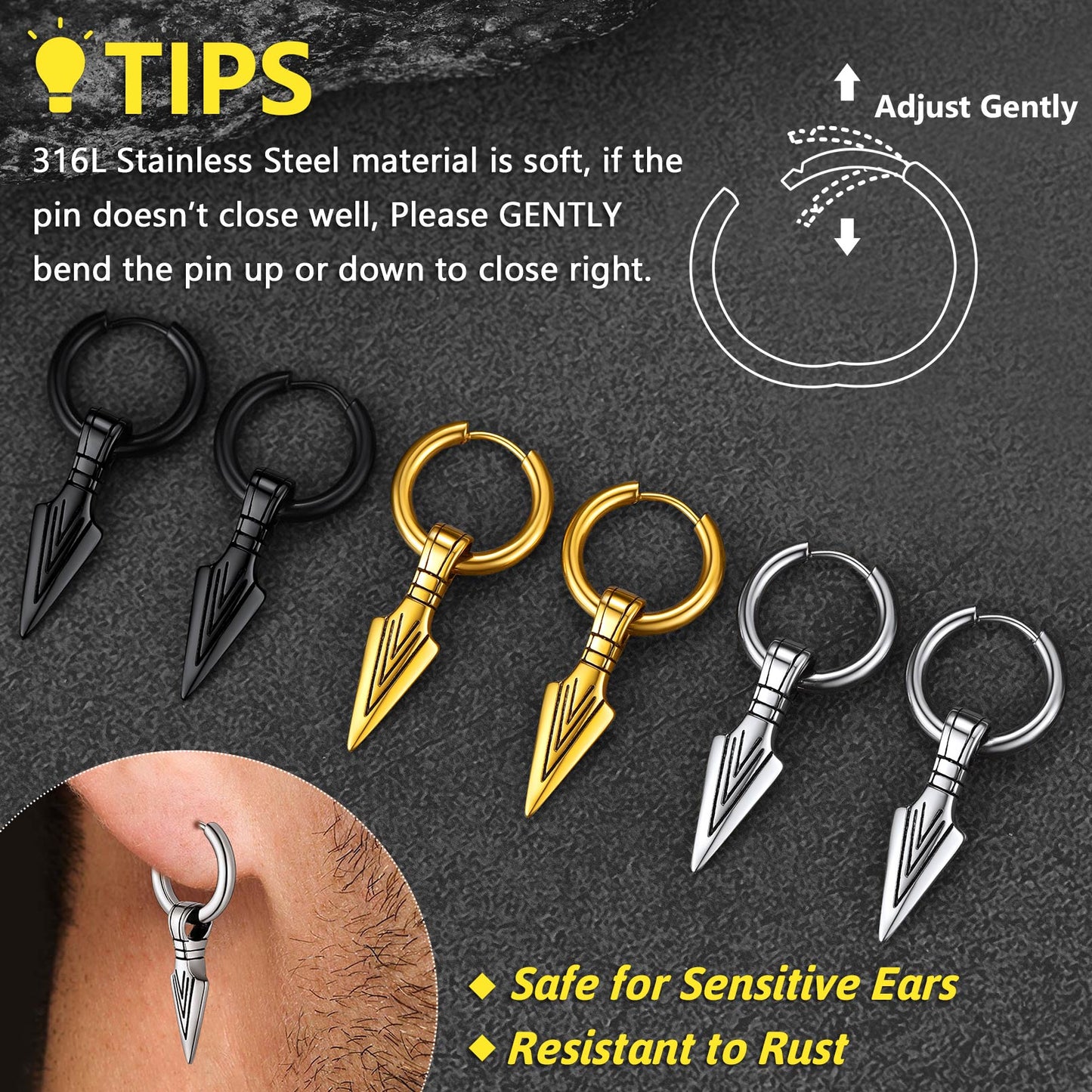 Viking Earrings for Men – Arrowhead Spear Gungnir Drop Hoop Earrings