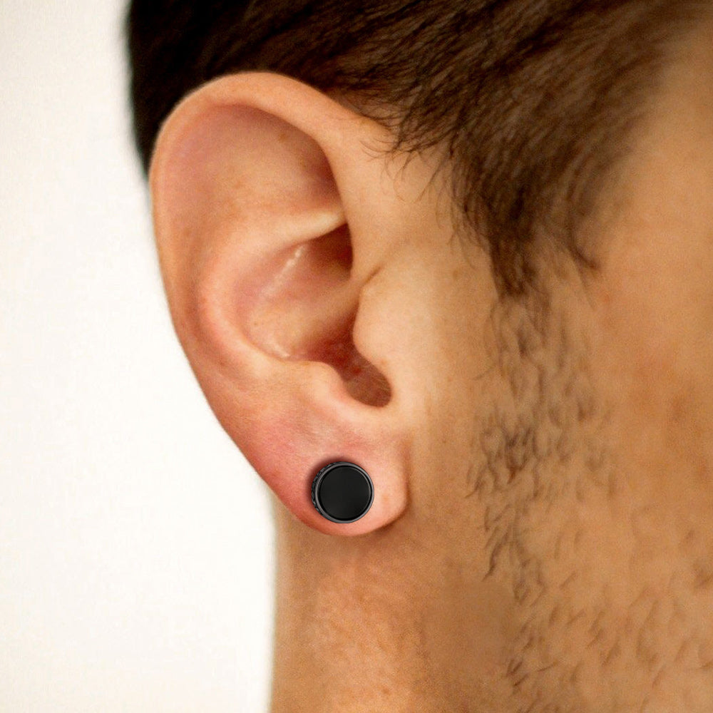 Sterling Silver Viking Runes Black Onyx Stud Earrings For Men