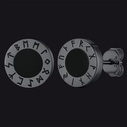 Black Onyx Stud Earrings With Viking Runes in Sterling Silver