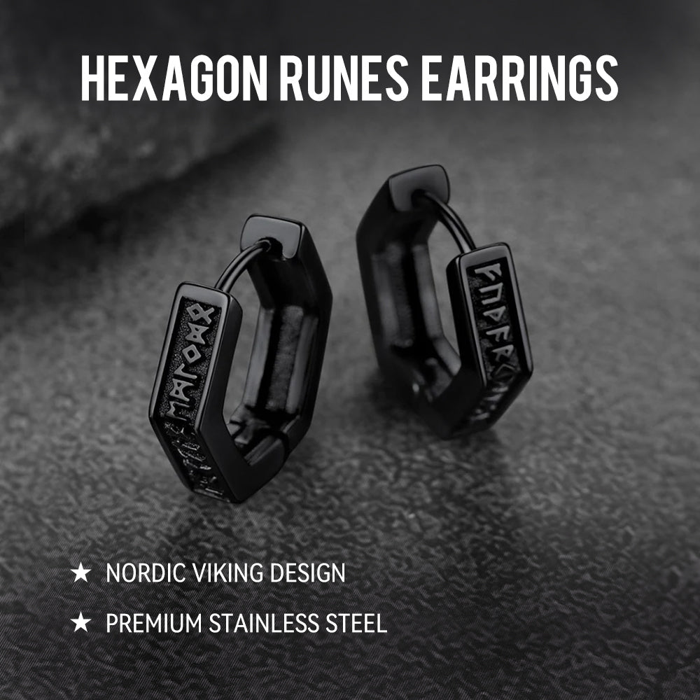 Viking Hexagon Runes Hoop Earrings For Men