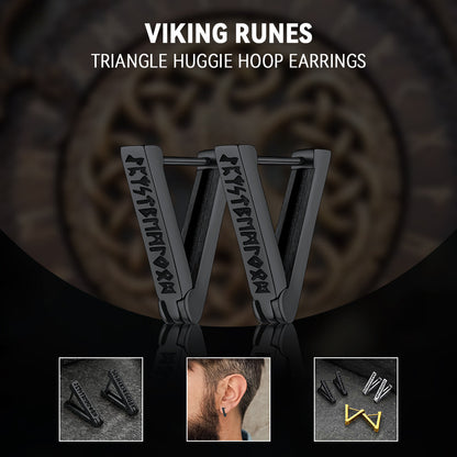 Triangle Huggie Hoop Earrings with Viking Runes For Men