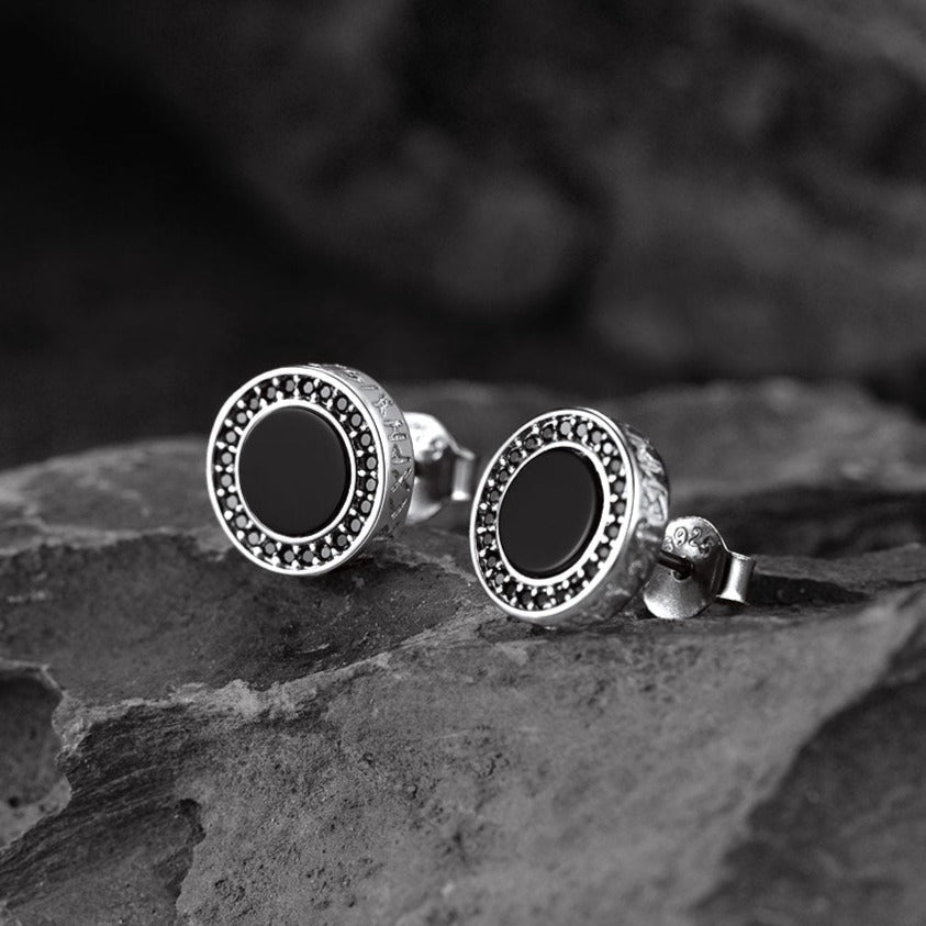 Viking Rune Black Onyx Stud Earrings in Sterling Silver for Men
