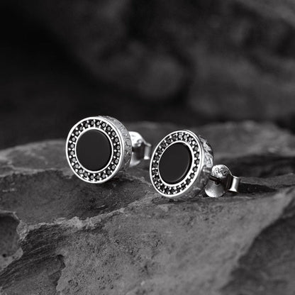 Viking Rune Black Onyx Stud Earrings in Sterling Silver for Men