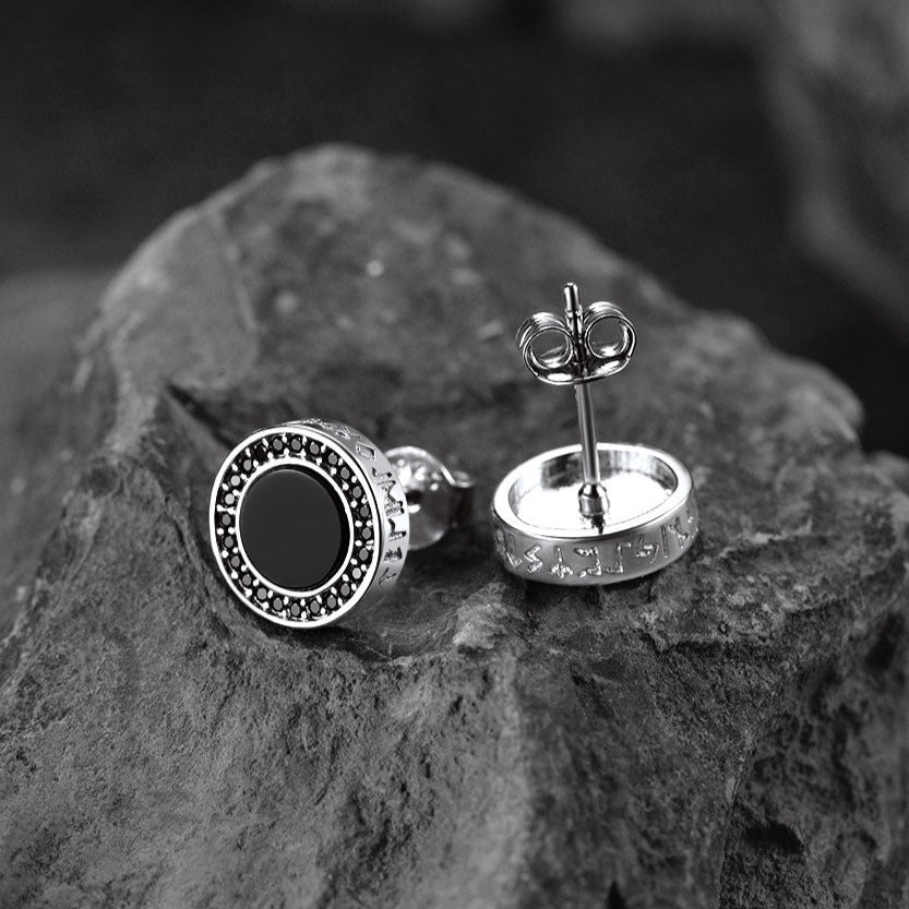 Viking Rune Black Onyx Stud Earrings in Sterling Silver for Men
