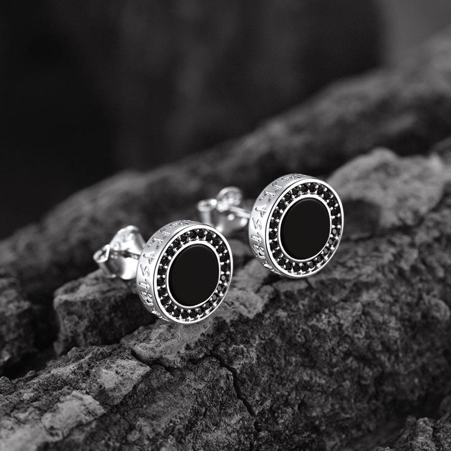 Viking Rune Black Onyx Stud Earrings in Sterling Silver for Men