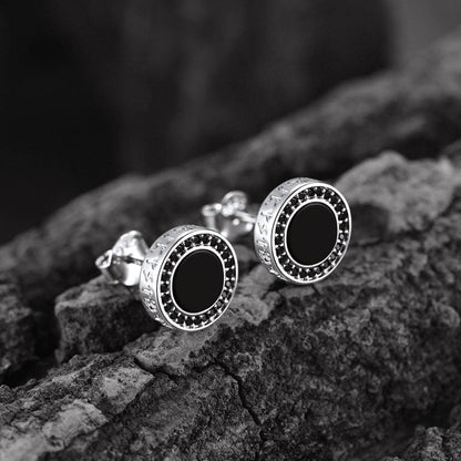 Viking Rune Black Onyx Stud Earrings in Sterling Silver for Men
