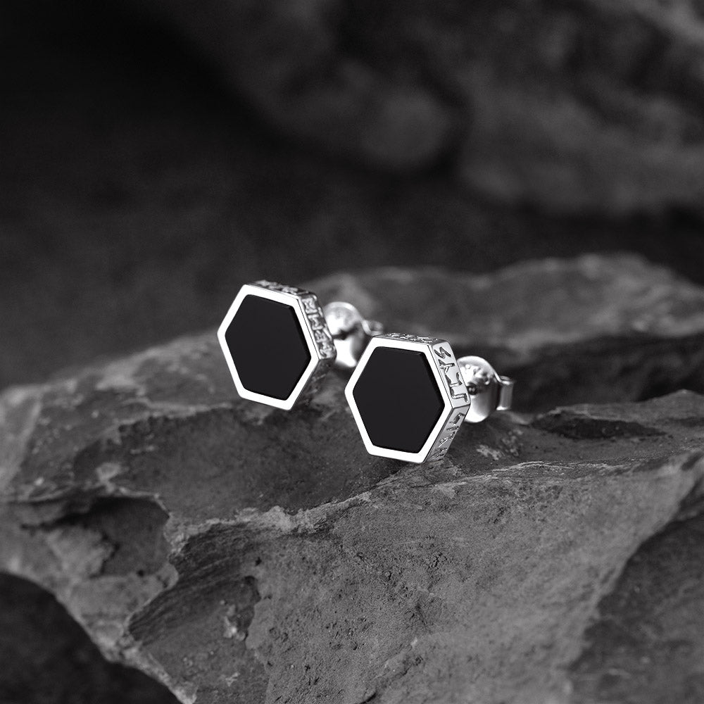 Hexagon Viking Rune Black Onyx Stud Earrings for Men