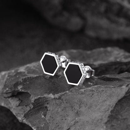 Hexagon Viking Rune Black Onyx Stud Earrings for Men