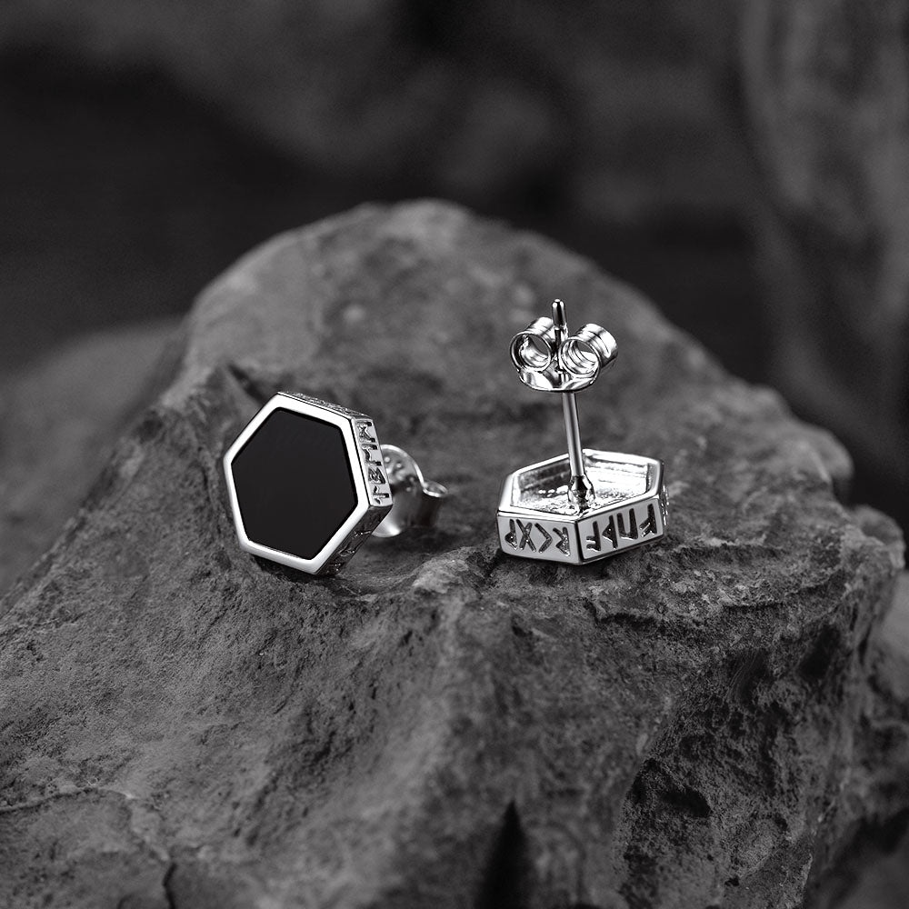 Hexagon Viking Rune Black Onyx Stud Earrings for Men