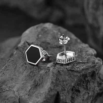 Hexagon Viking Rune Black Onyx Stud Earrings for Men