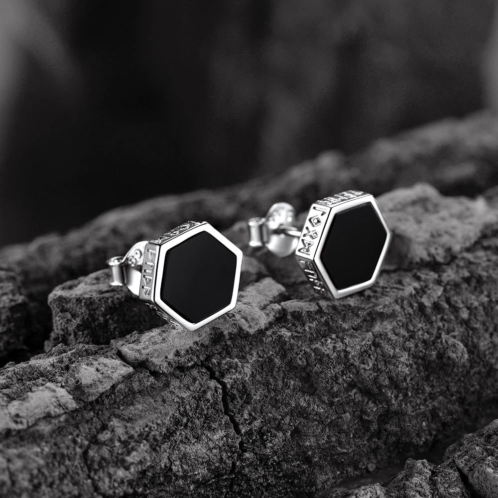 Hexagon Viking Rune Black Onyx Stud Earrings for Men