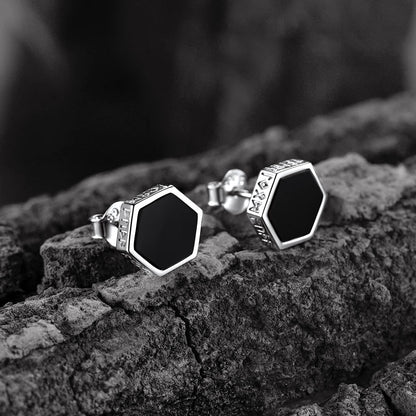 Hexagon Viking Rune Black Onyx Stud Earrings for Men