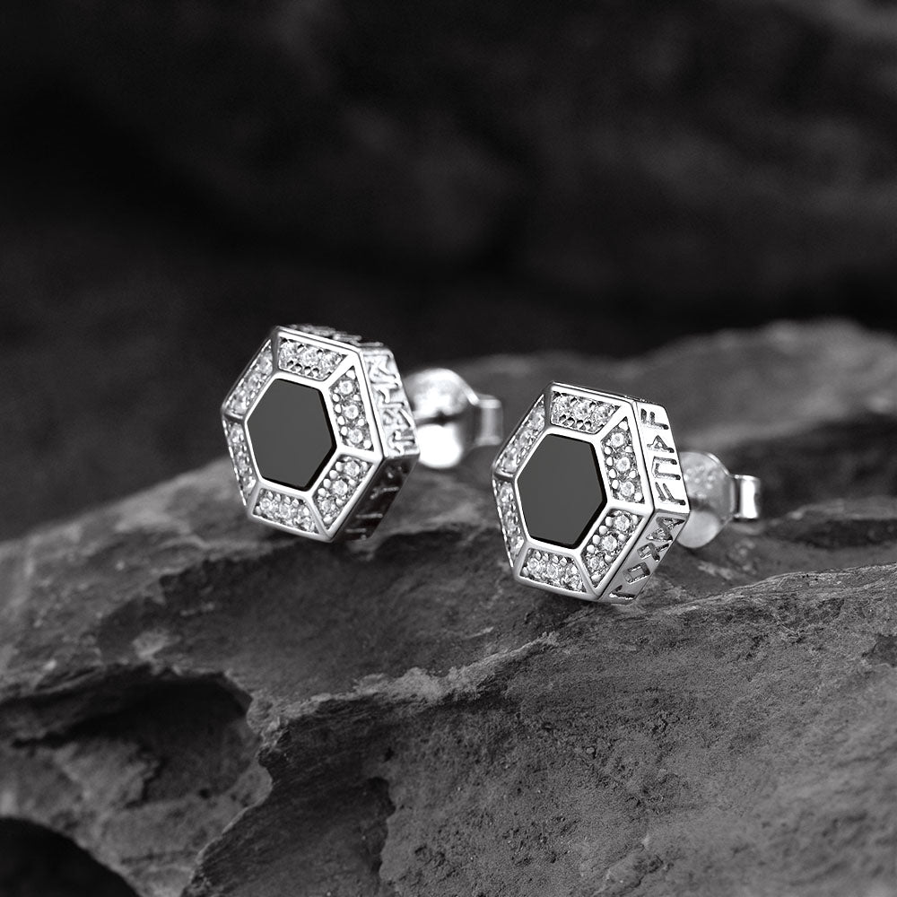 Viking Rune Hexagon Black Onyx Stud Earrings for Men