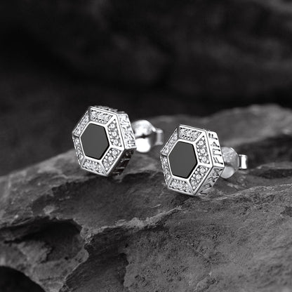 Viking Rune Hexagon Black Onyx Stud Earrings for Men