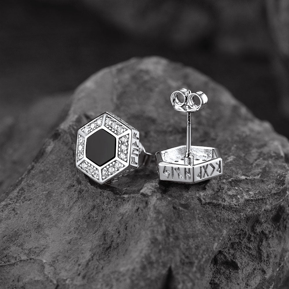 Viking Rune Hexagon Black Onyx Stud Earrings for Men