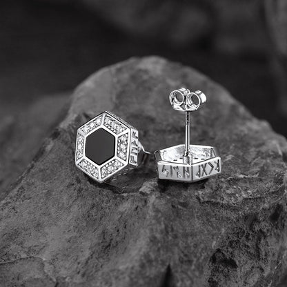 Viking Rune Hexagon Black Onyx Stud Earrings for Men
