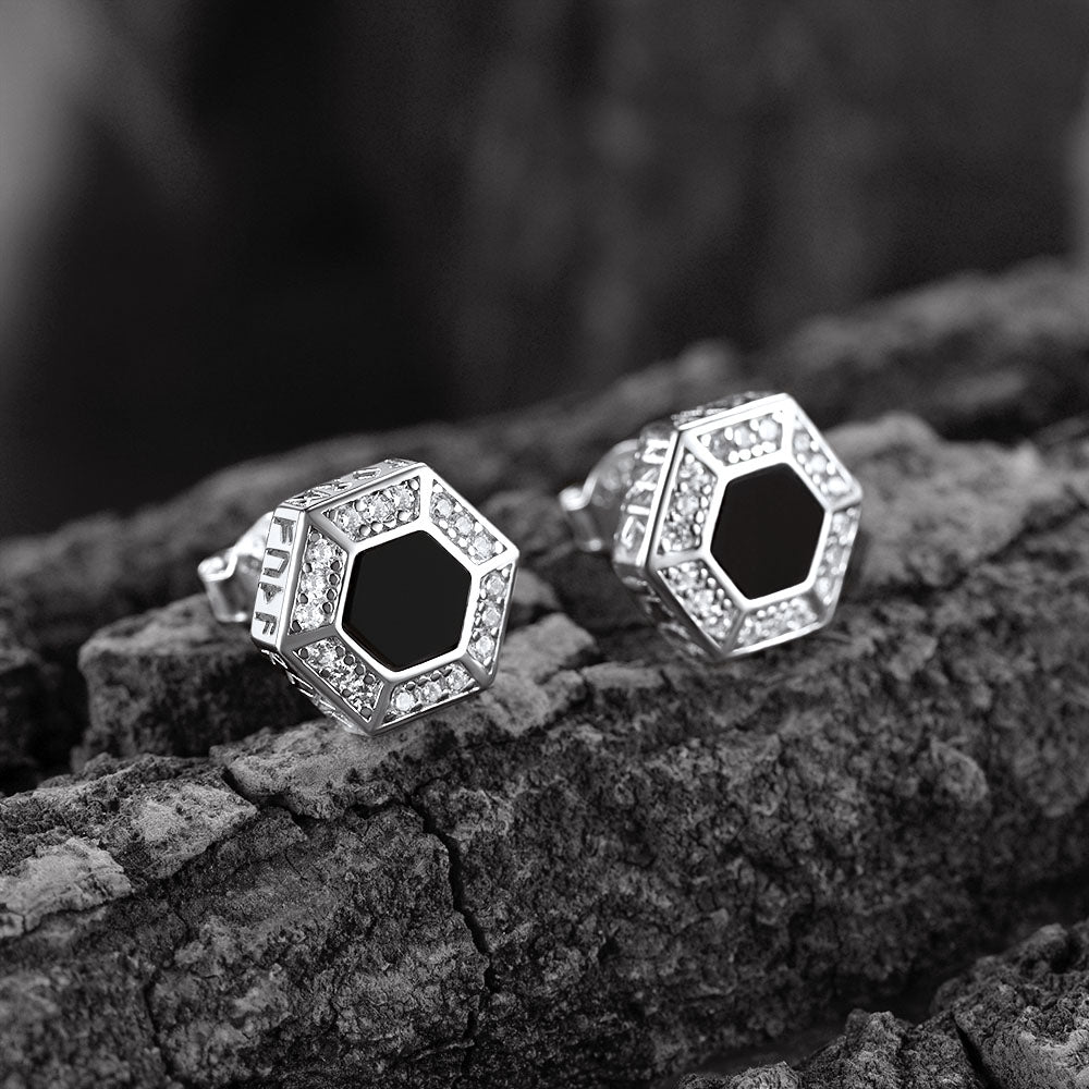 Viking Rune Hexagon Black Onyx Stud Earrings for Men