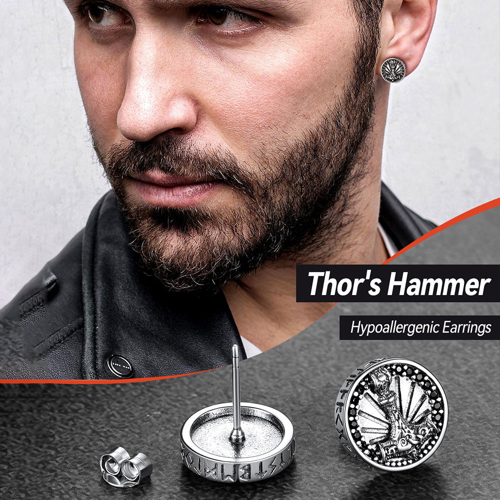 Viking Thor's Hammer Stud Earrings With Runes in Sterling Silver